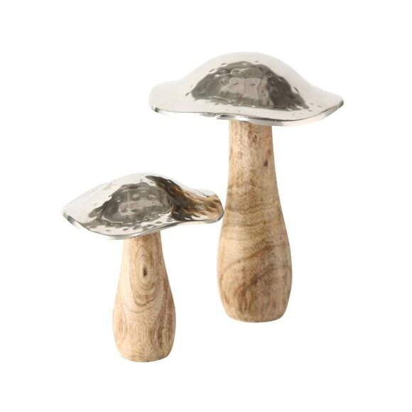 (Set of x2) Mango Wood & Hammered Metal Mushroom Cottagecore Artisan Decor - Picture 4 of 7